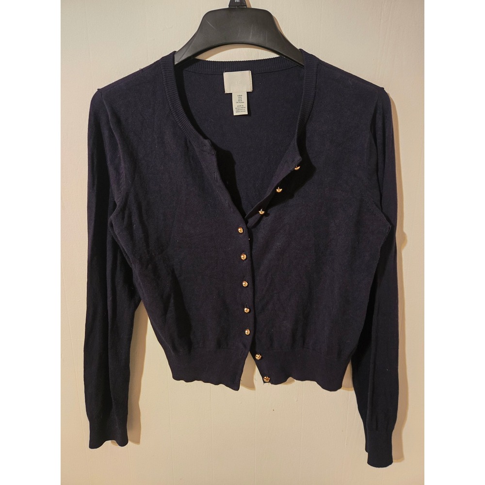 H&M Womens Navy Blue Cropped Button Front Cardigan Gold Buttons Size M Fine Knit